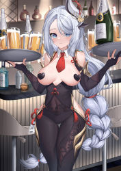 Rule 34 | 1girl, absurdres, adapted costume, alcohol, bar (place), bar stool, beer, beer mug, black bodysuit, blue eyes, blush, bodysuit, bottle, braid, breasts, breasts apart, breasts out, bridal gauntlets, closed mouth, cocktail shaker, counter, covered navel, cup, detached collar, dual wielding, genshin impact, gold trim, hair ornament, hands up, heart pasties, highres, hip vent, holding, holding tray, id card, large breasts, liquor, long hair, looking at viewer, low-braided long hair, low-tied long hair, mug, mz (yeye ai chipao mian), necktie, pasties, red necktie, shelf, shenhe (genshin impact), short necktie, silver hair, solo, stool, tassel, thigh gap, tight clothes, tray, very long hair, waitress, wide hips