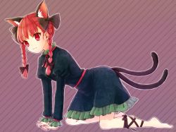 Rule 34 | 1girl, all fours, animal ears, bad id, bad pixiv id, barefoot, braid, cat ears, cat tail, dress, extra ears, full body, hair ornament, hair ribbon, honotai, kaenbyou rin, leg ribbon, long hair, long sleeves, looking at viewer, multiple tails, puffy sleeves, purple background, red eyes, red hair, ribbon, sash, smile, solo, striped, striped background, tail, touhou, twin braids