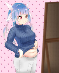 Rule 34 | 1girl, absurdres, belly, blush, breasts, clothes lift, curvy, fat rolls, highres, i-19 (kancolle), kantai collection, large breasts, meat day, midriff peek, mirror, navel, plump, ribbed sweater, shirt lift, simple background, sweater, wavy mouth, weight conscious, youryuu
