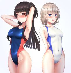 Rule 34 | 2girls, absurdres, arm behind back, arms behind head, black hair, blue eyes, blue one-piece swimsuit, blunt bangs, breasts, collarbone, commentary request, competition swimsuit, covered navel, cowboy shot, groin, hibika, highleg, highleg swimsuit, highres, idolmaster, idolmaster shiny colors, light brown hair, long hair, mayuzumi fuyuko, medium breasts, multiple girls, one-piece swimsuit, open mouth, red eyes, serizawa asahi, short hair, simple background, standing, swimsuit, two-tone swimsuit, two side up, white background, white one-piece swimsuit