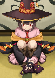 Rule 34 | &gt;:), 1girl, absurdres, black cape, black gloves, black hair, black hat, blunt bangs, blush, boots, brown footwear, cape, chomusuke, closed mouth, collared shirt, commentary, fingerless gloves, gloves, hat, highres, hugging own legs, indoors, knees up, kono subarashii sekai ni shukufuku wo!, long sleeves, looking at animal, looking down, lyourika, megumin, miniskirt, necktie, petting, pink shirt, pink skirt, pleated skirt, red eyes, ringed eyes, shirt, short hair, sitting, skirt, solo, solo focus, striped necktie, v-shaped eyebrows, witch hat