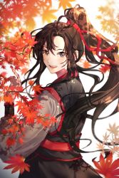 Rule 34 | 1boy, :d, autumn leaves, black hair, chinese clothes, highres, long hair, long sleeves, looking at viewer, male focus, modao zushi, open mouth, ponytail, red ribbon, ribbon, sidelocks, smile, sr illust, standing, wei wuxian