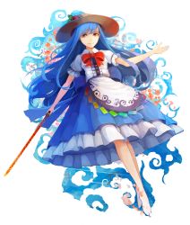 Rule 34 | 1girl, apron, barefoot, blue bow, blue hair, blue skirt, bow, buttons, cherry blossoms, dress shirt, food, frilled skirt, frills, fruit, highres, hinanawi tenshi, holding, holding sword, holding weapon, layered skirt, long hair, looking at viewer, no shoes, peach, petals, puffy short sleeves, puffy sleeves, red bow, red eyes, shirt, short sleeves, skirt, smile, solo, sword, sword of hisou, touhou, waist apron, weapon, white shirt, yuren