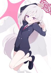 Rule 34 | 1girl, absurdres, black footwear, black shorts, blue archive, blush, closed mouth, collared shirt, formal, full body, grey hair, hagoonha, halo, highres, long hair, long sleeves, looking at viewer, mutsuki (blue archive), mutsuki (suit) (blue archive), necktie, official alternate costume, purple eyes, red halo, red necktie, shirt, shoes, shorts, sidelocks, simple background, smile, solo, suit, tongue, tongue out, white background, white shirt, zoom layer