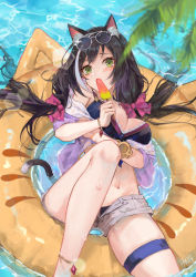 Rule 34 | 1girl, absurdres, animal ears, black hair, blush, cat ears, cat girl, cat tail, fang qiao, green eyes, highres, karyl (princess connect!), princess connect!, swimsuit, tail