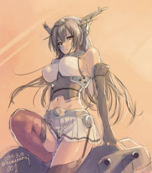 Rule 34 | 10s, 1girl, bare shoulders, black gloves, black hair, breasts, brown eyes, cannon, dated, elbow gloves, fingerless gloves, gloves, hair between eyes, headgear, impossible clothes, impossible shirt, kantai collection, large breasts, leg up, long hair, midriff, miniskirt, nagato (kancolle), natsuhiko, navel, red thighhighs, shirt, sitting, sketch, skirt, solo, sunset, thighhighs, turret, twitter username, zettai ryouiki