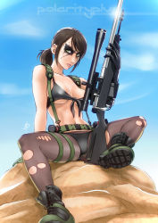 Rule 34 | 1girl, bikini, black bikini, black gloves, boots, breasts, brown hair, combat boots, facepaint, front-tie bikini top, front-tie top, full body, gloves, gradient background, green eyes, gun, holster, konami, lips, md5 mismatch, medium breasts, metal gear (series), metal gear solid v: the phantom pain, navel, nose, pantyhose, pantyhose under swimsuit, polarityplus, ponytail, quiet (metal gear), rifle, rock, scope, sitting, sniper rifle, solo, suspenders, swimsuit, swimsuit over clothes, thigh holster, torn clothes, torn pantyhose, underboob, weapon