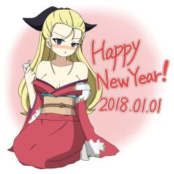 Rule 34 | 1girl, assam (girls und panzer), black ribbon, blonde hair, blue eyes, blush, breasts, choko (cup), commentary request, cup, dated, drunk, frown, girls und panzer, hair pulled back, hair ribbon, happy new year, holding, holding cup, ichinose jun, japanese clothes, kimono, long hair, long sleeves, medium breasts, new year, obi, off shoulder, open mouth, partial commentary, red kimono, ribbon, sash, seiza, sitting, solo, spilling, wide sleeves