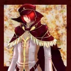 Rule 34 | 1boy, bad id, bad pixiv id, belt, black capelet, black hat, border, brown belt, capelet, closed mouth, commentary, fur-trimmed capelet, fur trim, hair between eyes, hair over one eye, hat, high collar, high wizard (ragnarok online), long sleeves, looking at viewer, male focus, mit (necomit), outside border, peaked cap, ragnarok online, red border, red eyes, red hair, shirt, short hair, solo, upper body, white shirt, yellow background
