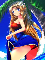 Rule 34 | 1girl, :d, armband, bad id, bad pixiv id, bare shoulders, beach, blonde hair, blue dress, blue eyes, blush, breasts, brown hair, closed mouth, criss-cross halter, detached sleeves, dress, fur trim, green background, green eyes, hair ornament, hair tubes, halterneck, highres, house, imu (lom), jewelry, legend of mana, long hair, looking at viewer, medium breasts, miniature, nekominase, open mouth, polearm, seiken densetsu, smile, solo, upper body, weapon