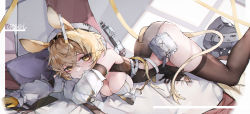 Rule 34 | 1girl, absurdres, animal ears, arknights, artist name, black dress, black thighhighs, blonde hair, breasts, character doll, cleavage, clothing cutout, crossed bangs, detached sleeves, doctor (arknights), dorothy (arknights), dress, feet out of frame, gloves, hair between eyes, hat, highres, large breasts, long hair, looking at viewer, lying, mouse ears, mouse girl, mouse tail, on stomach, oreshki, pillow, pouch, side cutout, single glove, solo, tail, tail through clothes, thighhighs, thighs, white bag, white hat, white sleeves, yellow eyes, yellow gloves