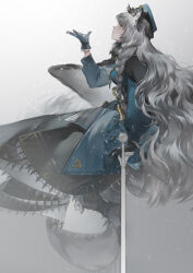 Rule 34 | 1girl, absurdres, animal ears, arknights, black cape, black footwear, black gloves, black skirt, blue coat, blue headwear, boots, braid, cape, chinese commentary, coat, commentary request, from side, full body, gloves, grey eyes, grey hair, hand up, highres, leopard ears, long hair, long sleeves, looking up, official alternate costume, parted lips, pramanix (arknights), pramanix (caster&#039;s frost) (arknights), profile, shuaigegentou, sitting, skirt, snowing, solo, very long hair