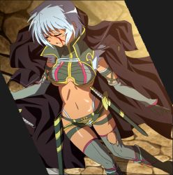 Rule 34 | 1girl, blood, blue hair, blush, breasts, closed eyes, dagger, dark skin, highres, irma (queen&#039;s blade), knife, large breasts, lying, open mouth, panties, queen&#039;s blade, queen&#039;s blade vanquished queens, screencap, short hair, stitched, third-party edit, torn clothes, unconscious, underwear, weapon