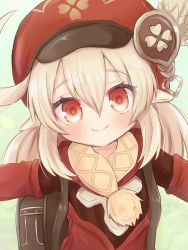 Rule 34 | 1girl, ahoge, backpack, bag, blonde hair, blurry, blurry background, blush, cabbie hat, closed mouth, commentary request, depth of field, dress, genshin impact, hair between eyes, hat, highres, klee (genshin impact), long hair, low twintails, pointy ears, red dress, red eyes, red hat, smile, solo, takatsurt, twintails, upper body