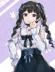 Rule 34 | 1girl, black bow, black hair, black skirt, blue eyes, blue ribbon, blush, bow, braid, closed mouth, clothing cutout, collared shirt, commentary, english commentary, eyebrows hidden by hair, frilled shirt collar, frills, hair ribbon, hand up, highres, hikari niji, long hair, long sleeves, mask, mask pull, mouth mask, nijisanji, pulling own clothes, ribbon, shirt, shoulder cutout, skirt, sleeves past wrists, smile, solo, surgical mask, tsukino mito, tsukino mito (14th costume), twin braids, twintails, very long hair, virtual youtuber, white shirt