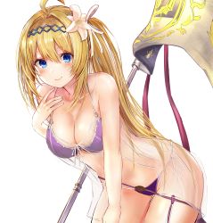 Rule 34 | 1girl, absurdres, ahoge, bad id, bad twitter id, bare shoulders, bent over, bikini, blonde hair, blue eyes, blush, breasts, cleavage, efuri (riarea00), flag, flower, granblue fantasy, hair flower, hair ornament, hands on own chest, highres, jeanne d&#039;arc (granblue fantasy), large breasts, leaning forward, long hair, looking at viewer, medium breasts, side-tie bikini bottom, side ponytail, simple background, smile, solo, swimsuit, white background
