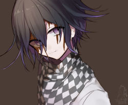Rule 34 | 1boy, bad id, bad pixiv id, black hair, blood, blood on face, brown background, checkered clothes, checkered scarf, commentary request, danganronpa (series), danganronpa v3: killing harmony, hair between eyes, highres, huyuharu0214, jacket, looking at viewer, male focus, medium hair, oma kokichi, purple eyes, purple hair, scarf, smile, solo, white jacket