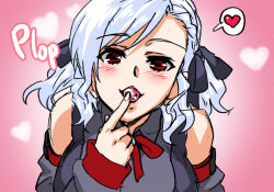 Rule 34 | 1girl, bare shoulders, blouse, bow, braid, breasts, candy, comic, detached sleeves, eating, english text, food, girls&#039; frontline, grey shirt, gun, hair bow, hand to own mouth, hard-translated, heart, heart background, henshako, incoming kiss, large breasts, looking at viewer, medium hair, pink background, pump action, shirt, shotgun, silver hair, sleeveless, sleeveless shirt, solo, spas-12, speech bubble, spoken heart, swept bangs, third-party edit, upper body, weapon