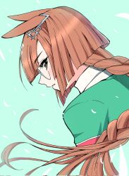 Rule 34 | 1girl, animal ears, corrupted twitter file, ear ornament, emapippi, from behind, green background, green jacket, highres, horse ears, horse girl, ikuno dictus (umamusume), jacket, long hair, looking at viewer, looking to the side, orange hair, round eyewear, simple background, solo, umamusume, yellow eyes