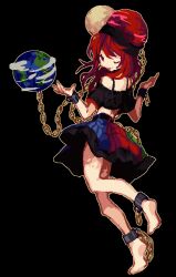 Rule 34 | 1girl, bare shoulders, black background, black shirt, blue skirt, bra strap, chain, commentary request, cuffs, earth (ornament), frilled skirt, frills, full body, gold chain, green skirt, hecatia lapislazuli, highres, looking at viewer, looking back, midriff, miniskirt, moon (ornament), multicolored clothes, multicolored skirt, off-shoulder shirt, off shoulder, one eye closed, pixel art, plaid, plaid skirt, red eyes, red hair, red skirt, rrrssr, shackles, shirt, short sleeves, simple background, skirt, soles, tongue, tongue out, touhou, underworld (ornament)