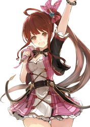 Rule 34 | 10s, 1girl, :d, ahoge, belt, blush, bow, bracelet, breasts, brown eyes, brown hair, cleavage, cowboy shot, diantha (granblue fantasy), dress, frilled dress, frills, granblue fantasy, hair ornament, highres, holding, holding microphone, jacket, jewelry, long hair, looking at viewer, medium breasts, microphone, neck ribbon, open mouth, ribbon, short sleeves, side ponytail, simple background, smile, solo, white background, yukihiko (tyabobo)