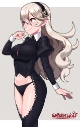 Rule 34 | 1girl, absurdres, artist name, black panties, blonde hair, chaps, collar, commentary, corrin (female) (fire emblem), corrin (fire emblem), cropped legs, english commentary, fire emblem, fire emblem fates, hairband, highres, long hair, midriff, navel, nintendo, paid reward available, panties, pointy ears, puffy sleeves, red eyes, sarukaiwolf, smile, solo, standing, thighs, underwear, wrist cuffs