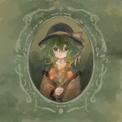 Rule 34 | 1girl, 80isiiii, absurdres, black hat, bouquet, buttons, collared shirt, flower, frilled shirt collar, frills, green background, green eyes, green hair, hair between eyes, hand up, hat, hat ribbon, high collar, highres, holding, holding bouquet, holding flower, komeiji koishi, long hair, long sleeves, looking at viewer, medium hair, open mouth, parody, portrait (object), raised eyebrows, ribbon, shirt, solo, straight-on, touhou, upper body, wall, white shirt, wide sleeves, yellow ribbon