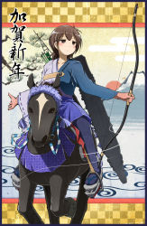 Rule 34 | 10s, 1girl, adapted costume, alternate costume, alternate hairstyle, bow (weapon), brown hair, earth ekami, hair down, highres, horse, horseback riding, kaga (kancolle), kantai collection, pantyhose, pun, riding, short hair, solo, translated, weapon