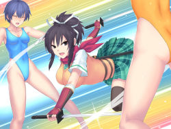 Rule 34 | 10s, 3girls, ass, asuka (senran kagura), bare shoulders, black legwear, blue hair, blue leotard, blush, breasts, brown eyes, brown hair, character request, closed eyes, collarbone, covered navel, dual wielding, glint, gluteal fold, green neckwear, green skirt, hai (h81908190), hair ribbon, holding, holding sword, holding weapon, kneepits, large breasts, leotard, long hair, looking at viewer, miniskirt, multicolored background, multiple girls, necktie, out of frame, plaid, plaid skirt, pleated skirt, ponytail, red scarf, ribbon, scarf, school uniform, senran kagura, short sleeves, sidelocks, skirt, small breasts, sweater vest, sword, thighhighs, thighs, v-shaped eyebrows, weapon, white ribbon, wrist guards, yellow leotard