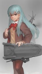 Rule 34 | 10s, 1girl, brown jacket, brown pantyhose, closed mouth, collared shirt, feet out of frame, fingernails, grey background, grey eyes, hair ornament, hairclip, highres, jacket, kantai collection, long hair, long sleeves, looking at viewer, machinery, paintrfiend, pantyhose, red ribbon, ribbon, shirt, simple background, smile, solo, standing, suzuya (kancolle), walking, white shirt