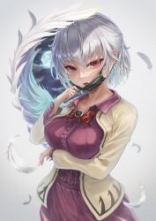 Rule 34 | 1girl, blush, dress, feathered wings, grey hair, grey jacket, haruno (kuromitugozen), highres, jacket, kishin sagume, long sleeves, mask, mouth mask, open clothes, open jacket, open mouth, purple dress, red eyes, short hair, single wing, solo, touhou, white wings, wings