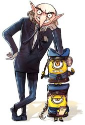 Rule 34 | bald spot, blue suit, braid, commentary, constricted pupils, crossover, despicable me, formal, gloves, grey hair, hair bun, igor (persona), kataro, long nose, male focus, minion (despicable me), persona, side bun, single braid, single side bun, suit, thick eyebrows, white gloves
