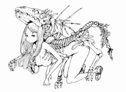 Rule 34 | 1girl, acky bright, breasts, expressionless, flower, greyscale, highres, leaf, long hair, medium breasts, monochrome, original, shoes, simple background, skeletal wings, skeleton, solo, white background, wings