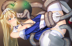 Rule 34 | 1girl, bad id, bad pixiv id, between breasts, blonde hair, blue shirt, breasts, commentary request, cum, enemy naval mine (kancolle), fletcher (kancolle), gloves, kantai collection, large breasts, long hair, nipples, off shoulder, pallad, purple eyes, restrained, sailor collar, school uniform, serafuku, shirt, solo, spread legs, tentacle sex, tentacles, tentacles between breasts, thighhighs, vaginal, white gloves, white thighhighs