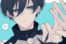 Rule 34 | 2boys, ahoge, black hair, black jacket, blue background, blue eyes, blue lock, closed mouth, collared jacket, frown, hand up, high collar, highres, isagi yoichi, itoshi rin, jacket, looking at viewer, male focus, middle finger, multiple boys, natsuneco 02, portrait, short hair, solo focus, translated, v-shaped eyebrows