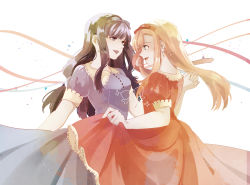 Rule 34 | 2girls, black hair, black ribbon, blue eyes, commentary request, dancing, dress, earrings, eye contact, final fantasy, final fantasy xiv, gaia (ff14), hair ribbon, holding hands, hyur, jewelry, long dress, long hair, looking at another, multiple girls, open mouth, orange hair, parted lips, profile, puffy short sleeves, puffy sleeves, purple dress, purple eyes, purple lips, red dress, red ribbon, ribbon, ryne waters, short sleeves, simple background, skirt hold, smile, sooru0720, white background, yuri