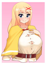 Rule 34 | 1girl, absurdres, belt, blonde hair, blue eyes, blush, breasts, cleavage cutout, clothing cutout, darkness (konosuba), eyes visible through hair, hair ornament, hairclip, hand on own chest, highres, kono subarashii sekai ni shukufuku wo!, large breasts, looking at viewer, pink background, shirt, simple background, smile, solo, the only shoe