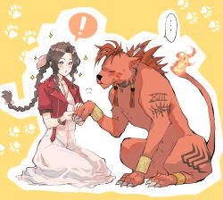 Rule 34 | !, ..., 1boy, 1girl, aerith gainsborough, animal, blush, braid, braided ponytail, brown hair, demi co, dress, final fantasy, final fantasy vii, final fantasy vii rebirth, final fantasy vii remake, full body, green eyes, highres, holding paw, jacket, kneeling, red jacket, red xiii, simple background, sparkle, spoken ellipsis, spoken exclamation mark, white dress, yellow background