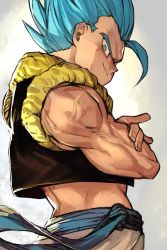 Rule 34 | 1boy, blue eyes, blue hair, clothes lift, crossed arms, dragon ball, dragon ball super, dragon ball super broly, fingernails, frown, gogeta, gradient background, grey background, grin, hungry clicker, looking away, looking back, male focus, midriff, muscular, pants, profile, simple background, smile, solo, spiked hair, super saiyan, super saiyan blue, upper body, veins, waistcoat, white background, white pants, wind, wind lift