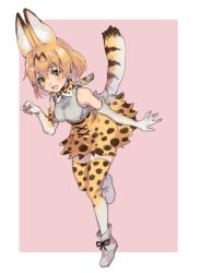 Rule 34 | 1girl, animal ears, ankle boots, bad id, bad twitter id, belt, black belt, blonde hair, boots, commentary, elbow gloves, full body, gloves, high-waist skirt, kemono friends, leaning forward, looking at viewer, open mouth, outside border, paw pose, pink background, print gloves, print neckwear, print skirt, print thighhighs, serval (kemono friends), serval tail, shirt, short hair, skirt, sleeveless, sleeveless shirt, smile, solo, standing, striped tail, sumida00rio, tail, thighhighs, white footwear, white shirt, yellow eyes, yellow gloves, yellow neckwear, yellow skirt, yellow thighhighs
