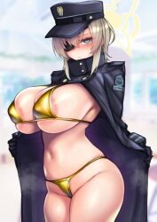 Rule 34 | 1girl, absurdres, areola slip, bikini, bikini under clothes, black hat, blue archive, breasts, closed mouth, coat, eyepatch, gloves, gold bikini, green eyes, halo, hat, highres, jacket, kagami uekusa, large breasts, light brown hair, looking at viewer, micro bikini, military uniform, open clothes, peaked cap, solo, suou (blue archive), swimsuit, uniform