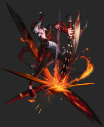 Rule 34 | 1boy, b (herowarz), black hair, dual wielding, fire, full body, grey background, herowarz, highres, holding, holding weapon, looking at viewer, male focus, mask, mulin, official art, red eyes, short hair, simple background, solo, sword, torn clothes, weapon