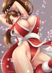 Rule 34 | 1girl, armpits, arms up, breasts, brown eyes, brown hair, covered erect nipples, cowboy shot, female focus, folded fan, folding fan, from below, hand fan, high ponytail, highres, large breasts, long hair, matching hair/eyes, miru (mill 36), mouth hold, ninja, no bra, parted bangs, pelvic curtain, ponytail, revealing clothes, rope, sash, shiranui mai, sideboob, snk, solo, the king of fighters, twitter username, underboob