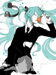 Rule 34 | 1girl, aqua eyes, aqua hair, bad id, bad pixiv id, closed eyes, flower, formal, hatsune miku, long hair, lying, necktie, saihate (vocaloid), skirt, skirt suit, solo, suit, tears, thighhighs, twintails, vocaloid