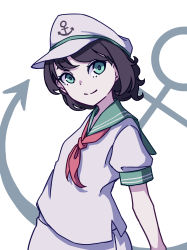 Rule 34 | 1girl, absurdres, anchor symbol, black hair, closed mouth, eyebrows hidden by hair, green eyes, green hair, green sailor collar, hat, highres, kame (kamepan44231), looking at viewer, murasa minamitsu, one-hour drawing challenge, sailor, sailor collar, sailor hat, shirt, short hair, short sleeves, simple background, smile, solo, touhou, upper body, white background, white hat, white shirt