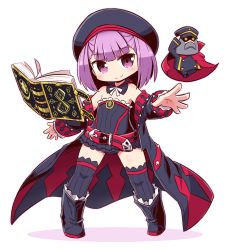 Rule 34 | 1girl, bare shoulders, beret, black coat, black collar, black dress, black footwear, black hat, black thighhighs, blush, book, boots, closed mouth, coat, collar, colonel olcott (fate), commentary request, detached collar, dress, fate/grand order, fate (series), frilled dress, frills, full body, hat, head tilt, helena blavatsky (fate), helena blavatsky (third ascension) (fate), highres, long sleeves, naga u, off shoulder, open book, open clothes, open coat, purple eyes, purple hair, ribbed legwear, sefirot, shadow, sleeves past wrists, smile, solo, standing, strapless, strapless dress, thighhighs, thighhighs under boots, white background