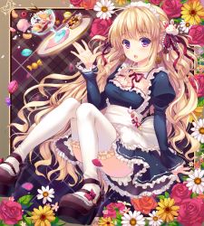 Rule 34 | 1girl, :o, apron, blonde hair, blush, border, checkerboard cookie, colored eyelashes, convenient leg, cookie, daisy, dress, earrings, floral background, flower, food, food-themed earrings, frills, glass, hair ornament, ice cream, jewelry, long hair, looking at viewer, macaron, maid, maid apron, maid headdress, mary janes, momoko (momopoco), original, petals, plaid, plaid background, platform footwear, platform heels, puffy sleeves, purple eyes, rabbit hair ornament, red flower, red rose, rose, shoes, sitting, solo, thighhighs, tray, waist apron, white thighhighs