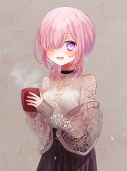 Rule 34 | 1girl, :d, absurdres, alternate hairstyle, black skirt, clothing cutout, cup, fate/grand order, fate (series), grey background, hair over one eye, harukappa, high-waist skirt, highres, holding, holding cup, long sleeves, looking at viewer, low twintails, mash kyrielight, medium hair, open mouth, pink eyes, pink hair, pleated skirt, short twintails, skirt, smile, solo, sweater, twintails, white sweater