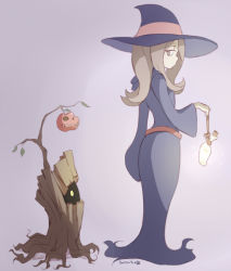 Rule 34 | 10s, 1girl, 2014, dated, hair over one eye, hat, little witch academia, long hair, looking back, nagian, solo, sucy manbavaran, tree, wand, witch, witch hat