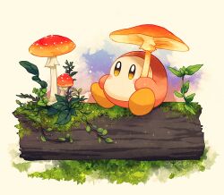 Rule 34 | artist name, blush, brown eyes, commentary, fly agaric, grass, holding, holding mushroom, kirby (series), kotori (lycka), leaf, log, moss, mushroom, nintendo, no humans, plant, simple background, sitting, sitting on log, solo, symbol-only commentary, twitter username, vines, waddle dee, white background
